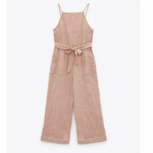 Zara Gauze Cotton Peach Backless Jumpsuit Waist Tie Spaghetti Straps Pockets Sz - Picture 2 of 7